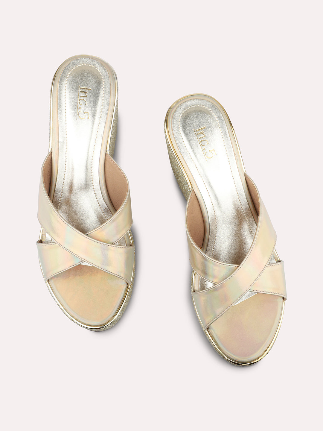 Women Gold-Toned Shimmery Cross Strap Wedge Heels