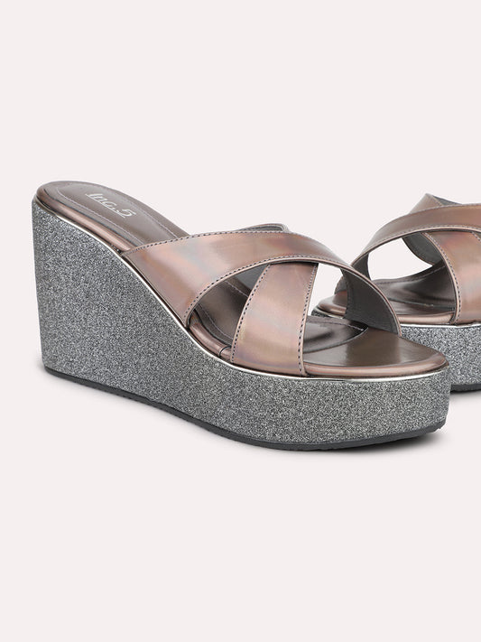 Women Pewter-Toned Shimmery Cross Strap Wedge Heels