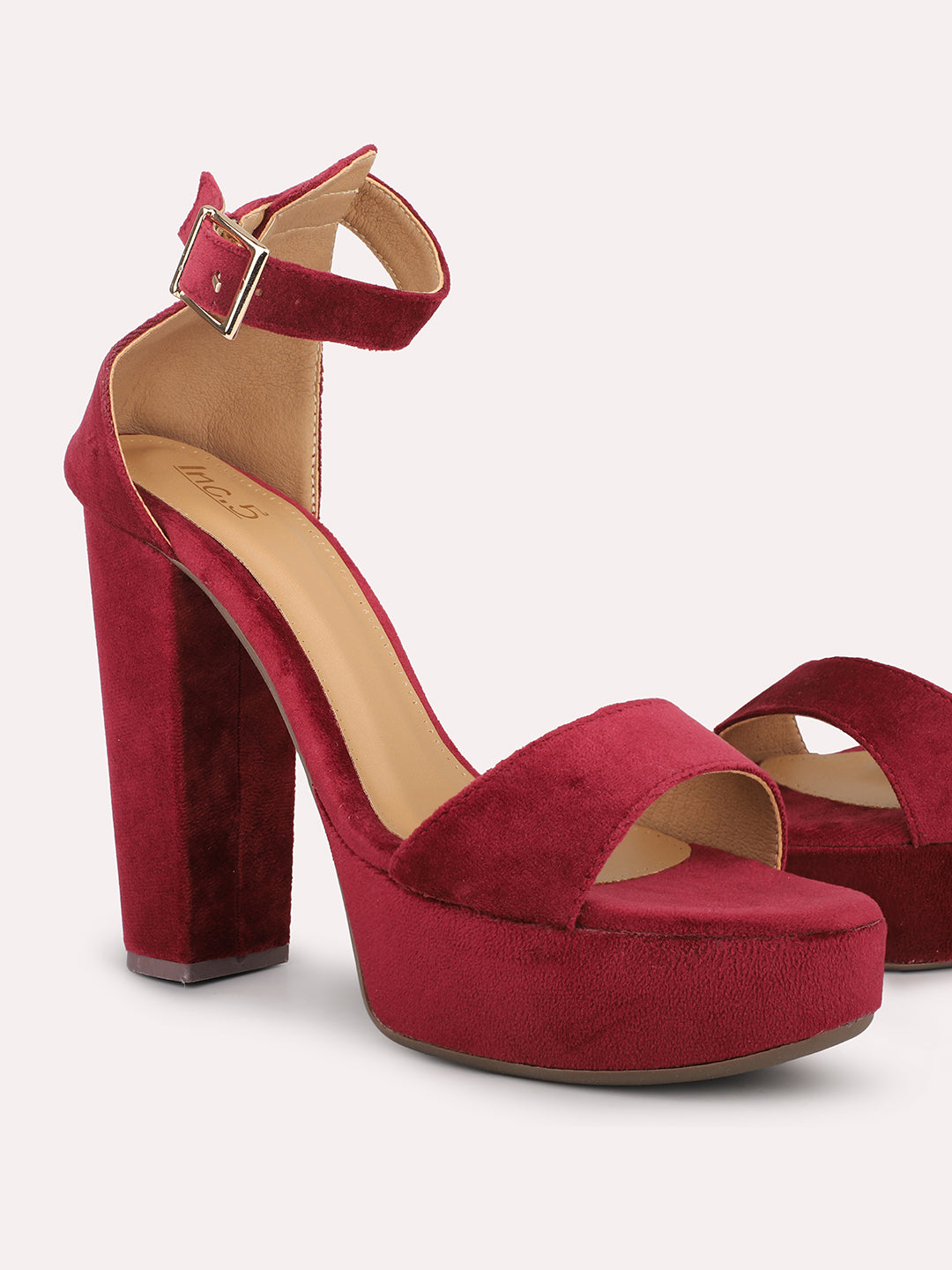 Women Maroon High-Top Platform Heels With Buckle