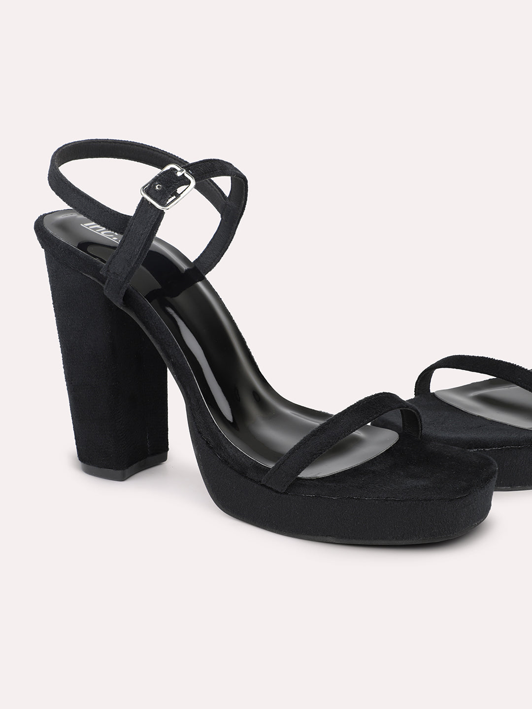 Women Black Velvet Block Sandals Heels