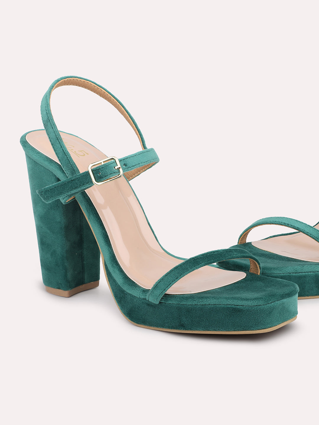 Women Green Velvet Block Sandals Heels