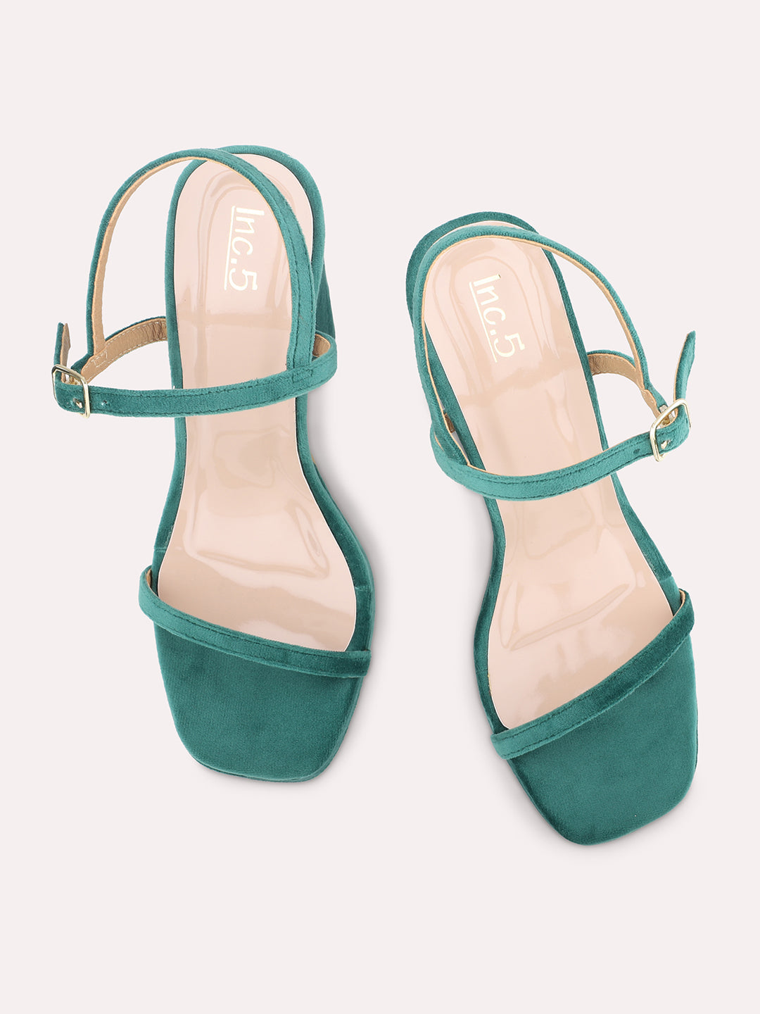 Women Green Velvet Block Sandals Heels