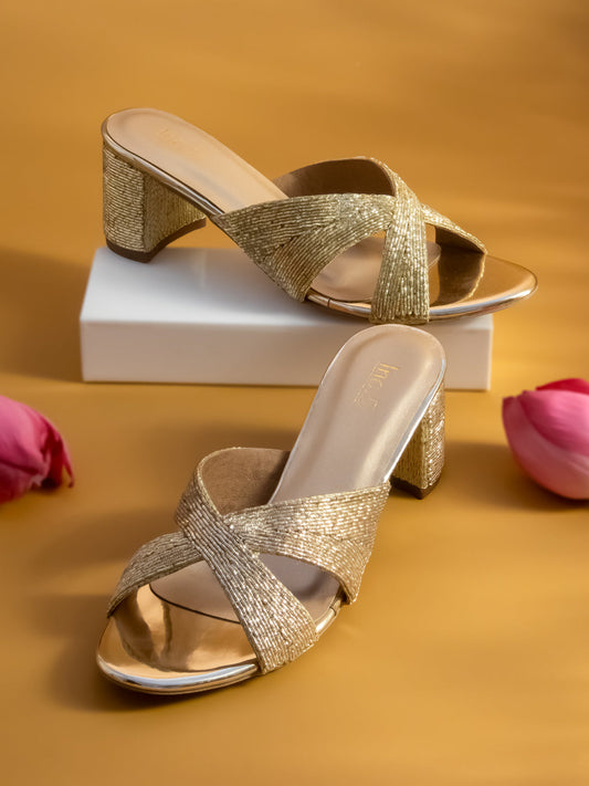 Women Gold Embellished Block Heels