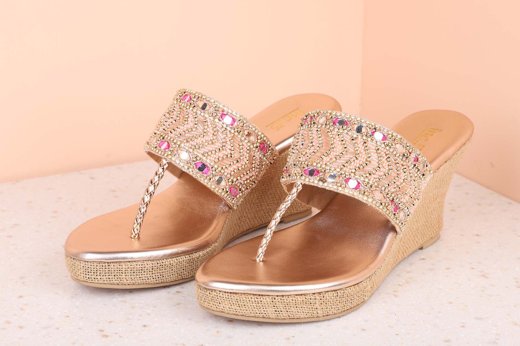 Women Rose Gold Embellished Ethnic Wedge Sandals 36 SULTAN Synthetic
