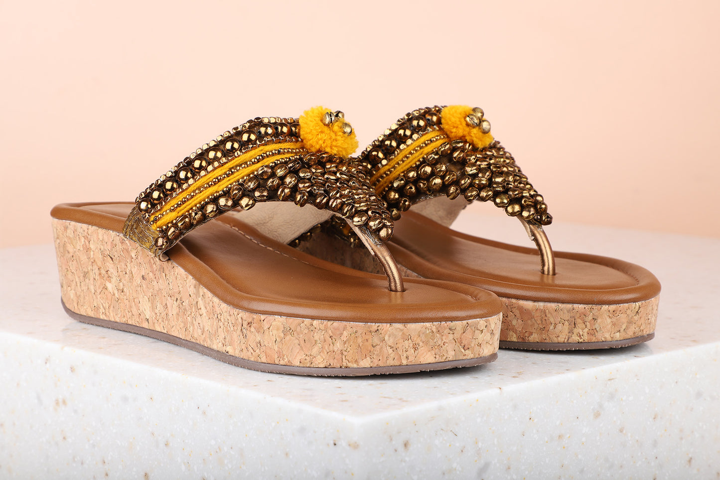 Women Mustard Embellished Ethnic Kitten Sandals