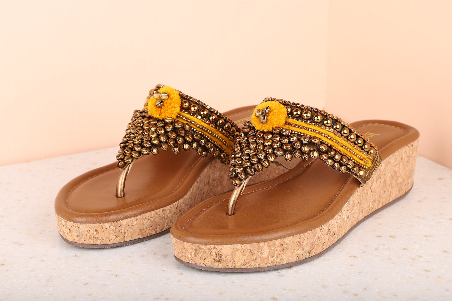 Women Mustard Embellished Ethnic Kitten Sandals