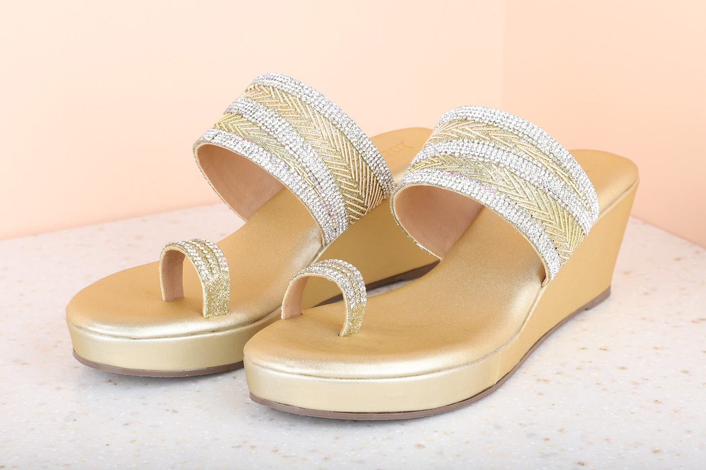 Women Gold Embellished Wedge Sandals