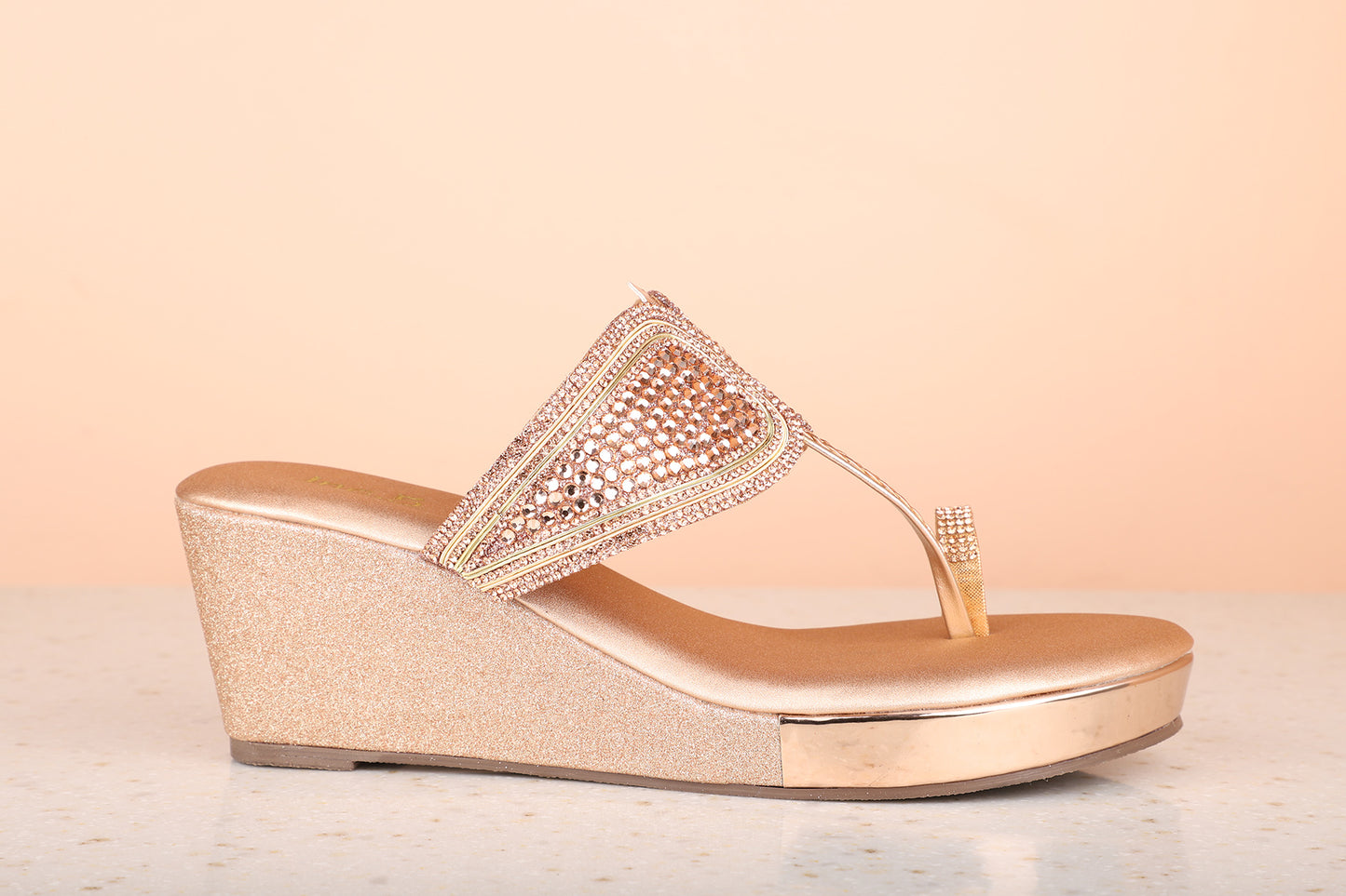 Women Rose Gold Embellished Ethnic Wedge Sandals