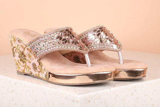 Women Rose gold Embellished Wedge Sandals