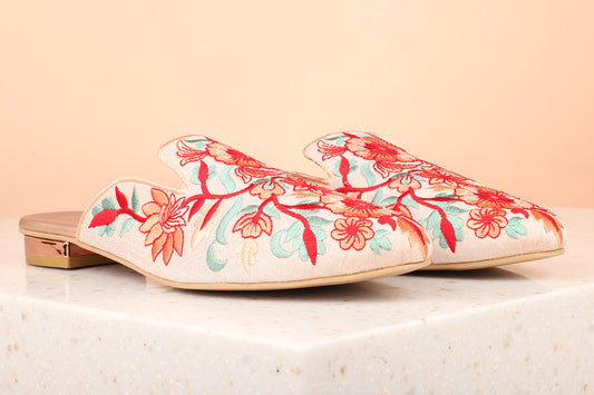 Women Peach Mules with Embroidered Flats