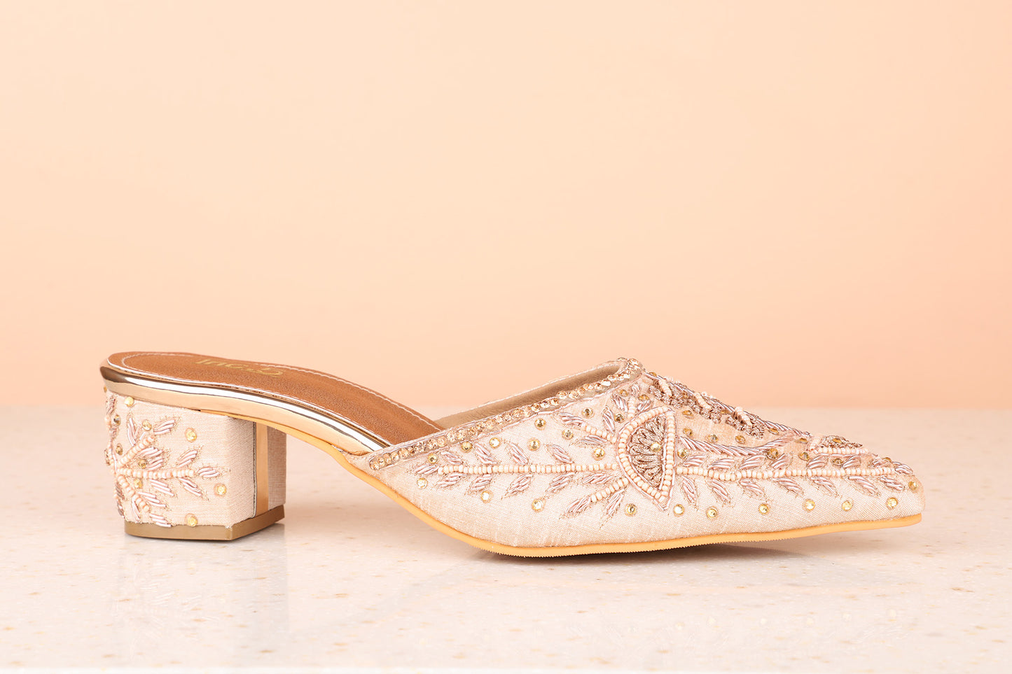 Women Rose Gold Block Embellishments Mules