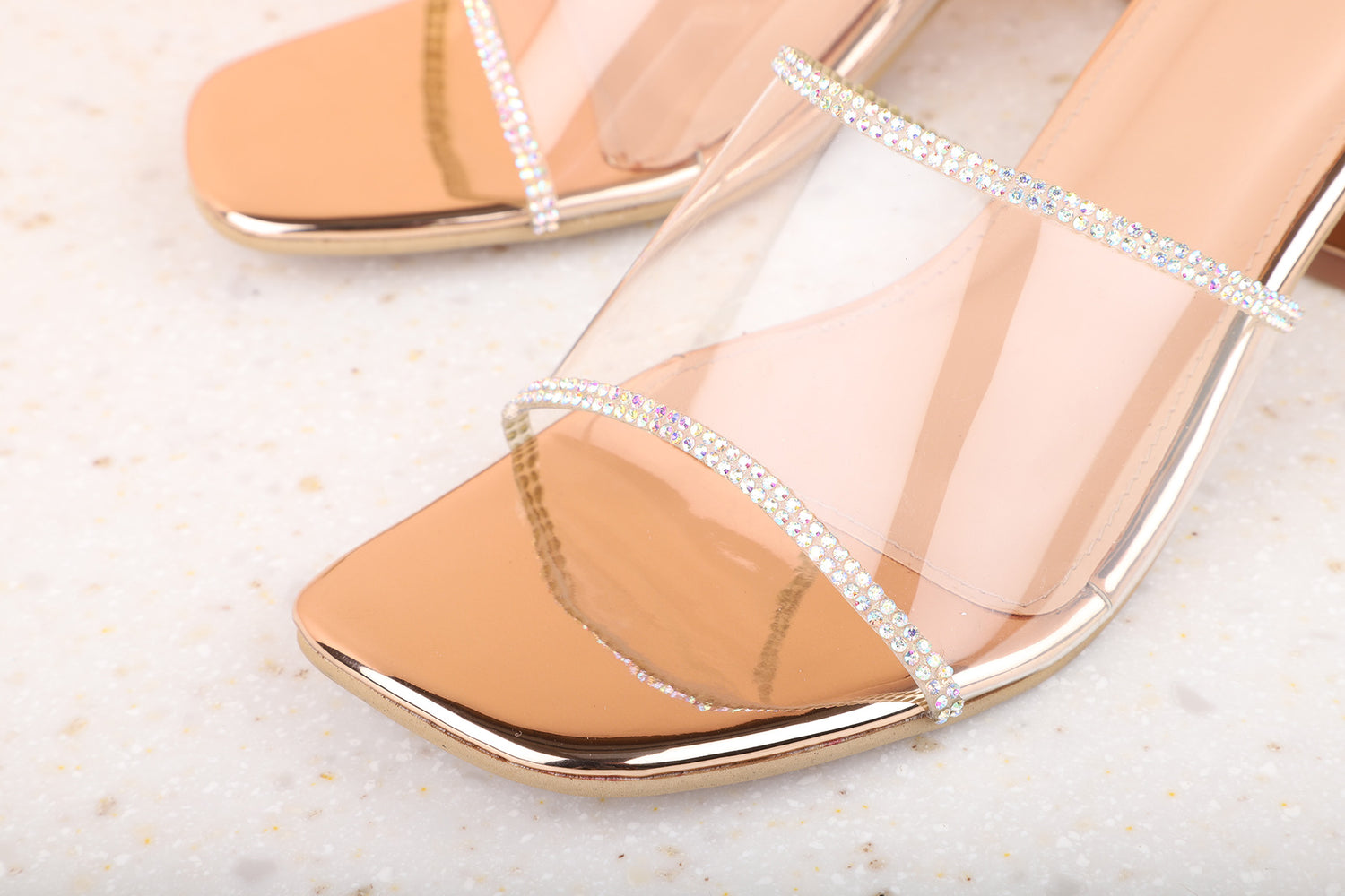 Women Rose Gold Transparent Embellished Block Mules
