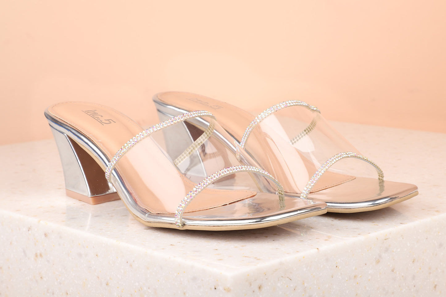 Women Silver Transparent Embellished Block Mules