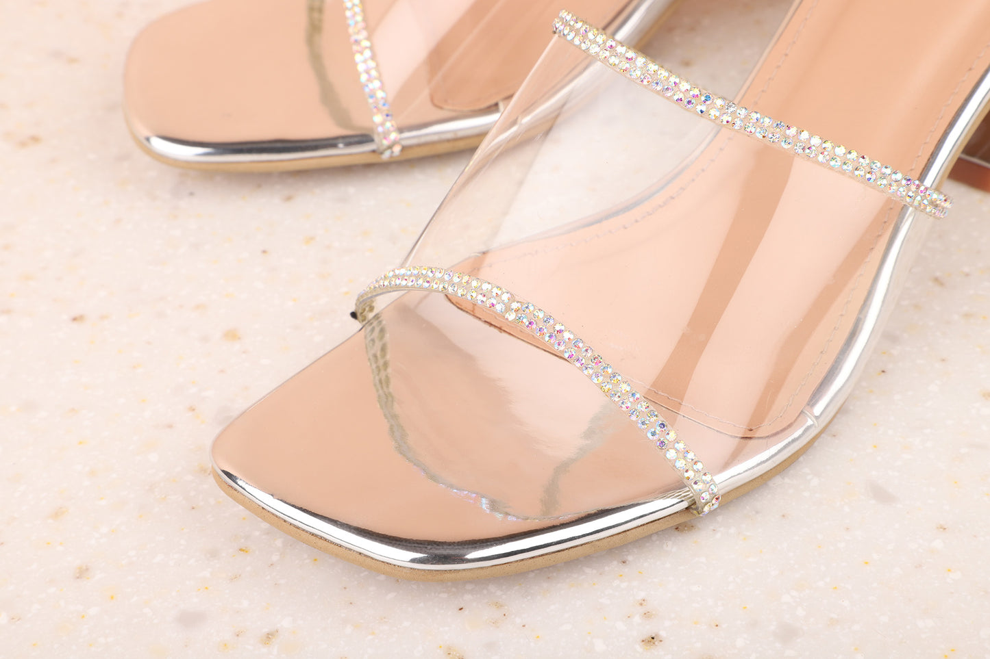 Women Silver Transparent Embellished Block Mules