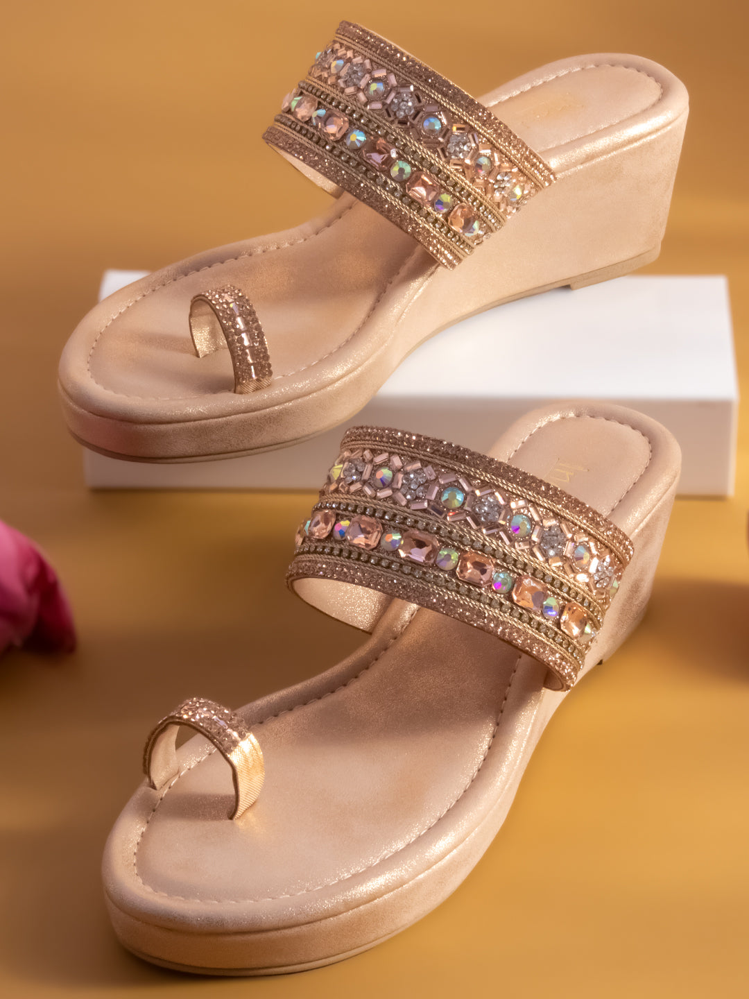 Women Rose Gold Embellished Wedge Sandals