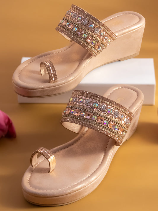 Women Rose Gold Embellished Wedge Sandals