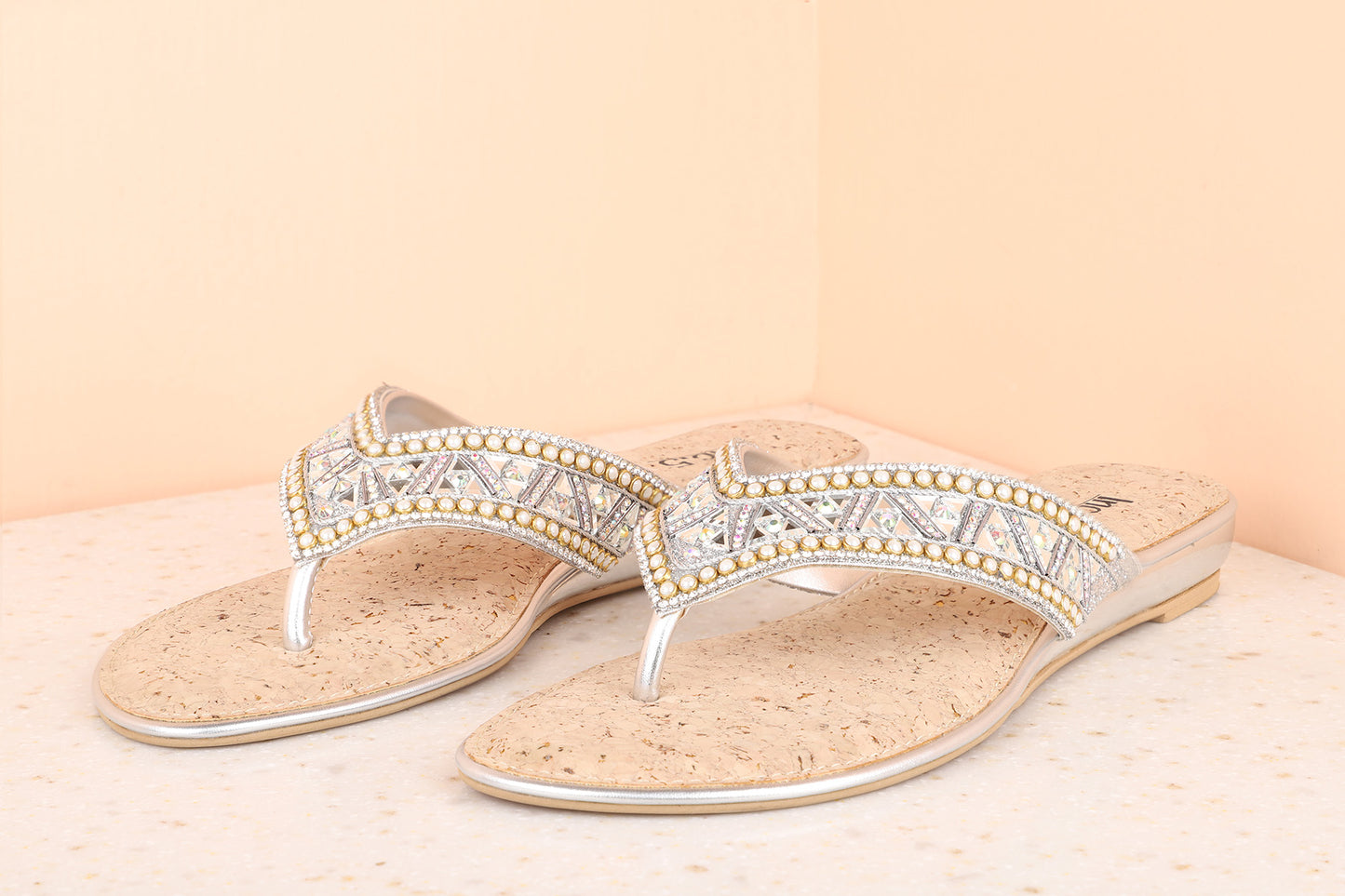 Women Silver Gold-Toned Embellished Open Toe Flats