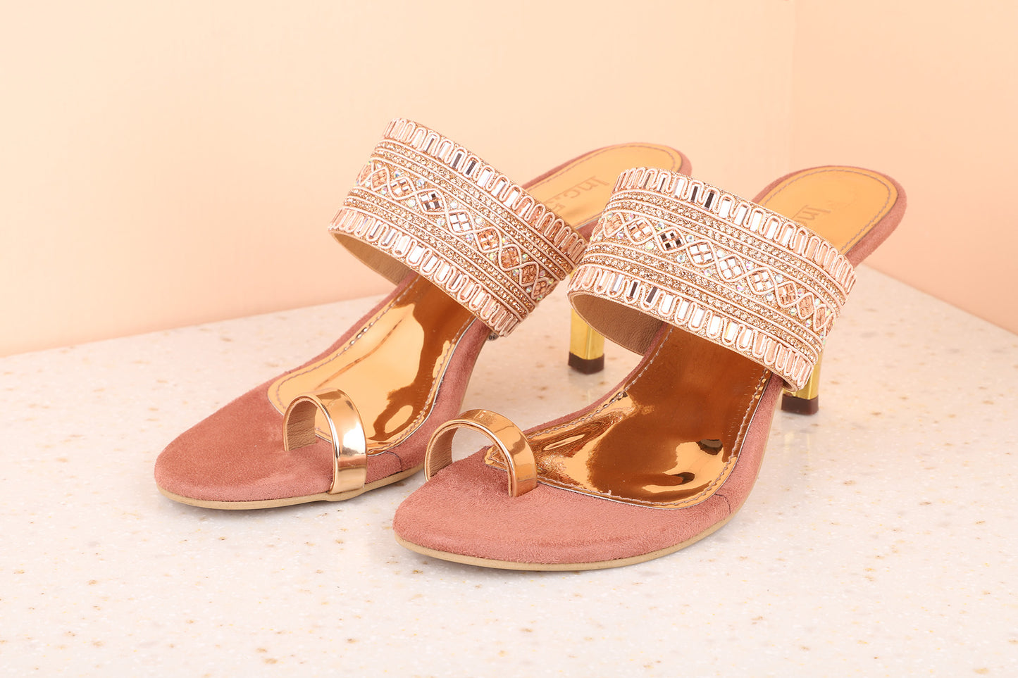 Women Rose Gold Toned Kitten Sandals