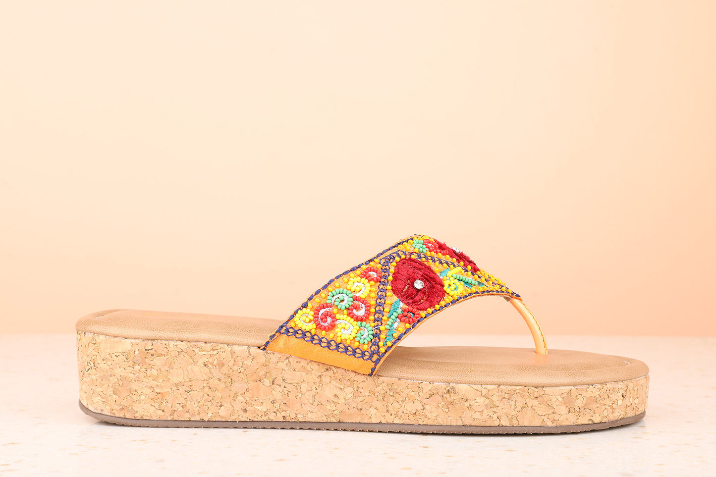 Women Orange Ethnic Embellished One Toe Wedges