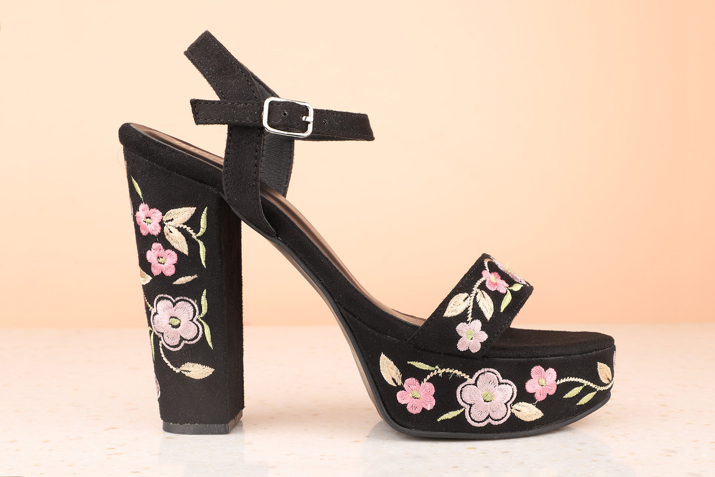 Women Black Embellished Platform Heels