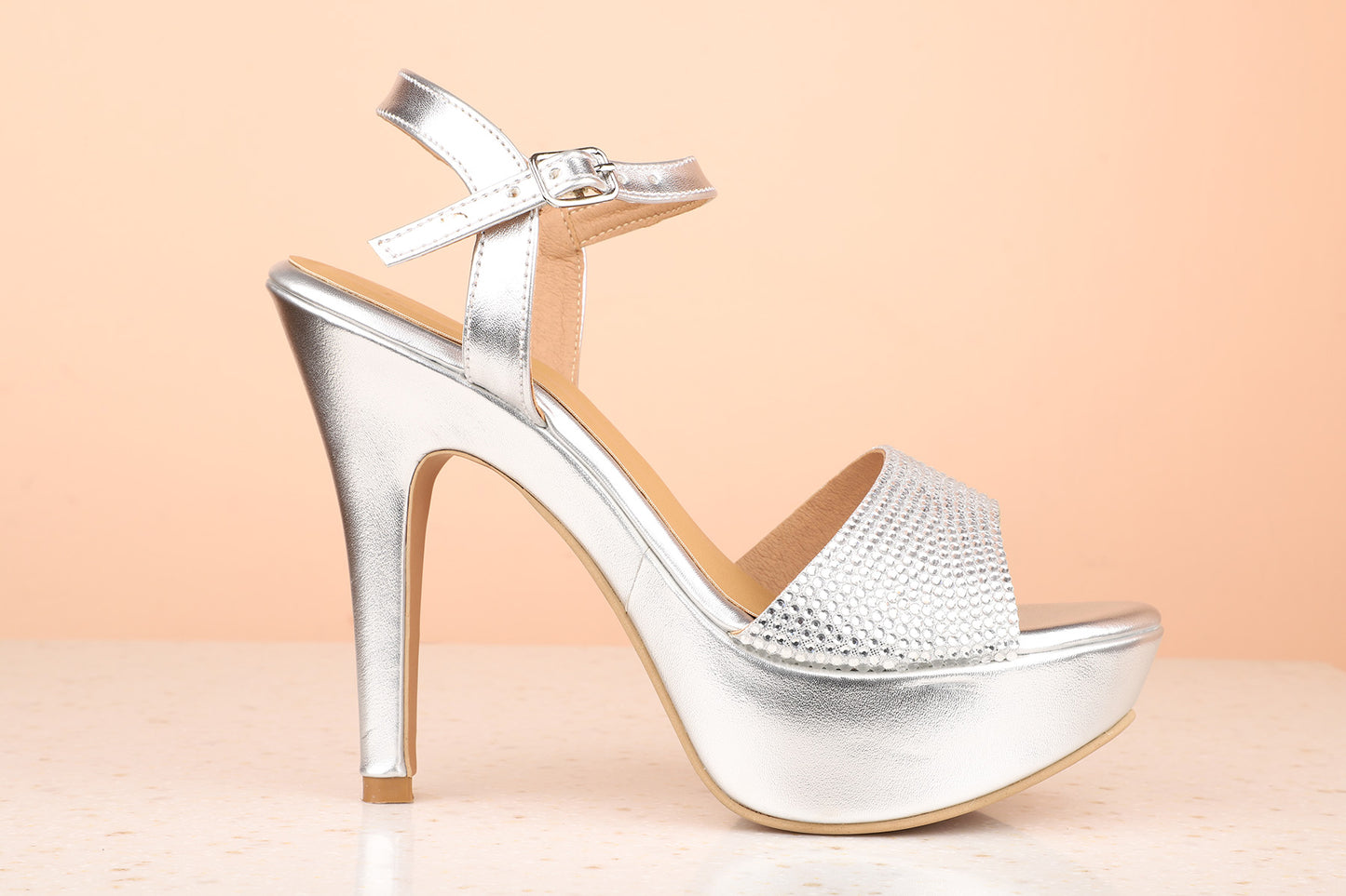 Women Silver Textured Stiletto Sandals