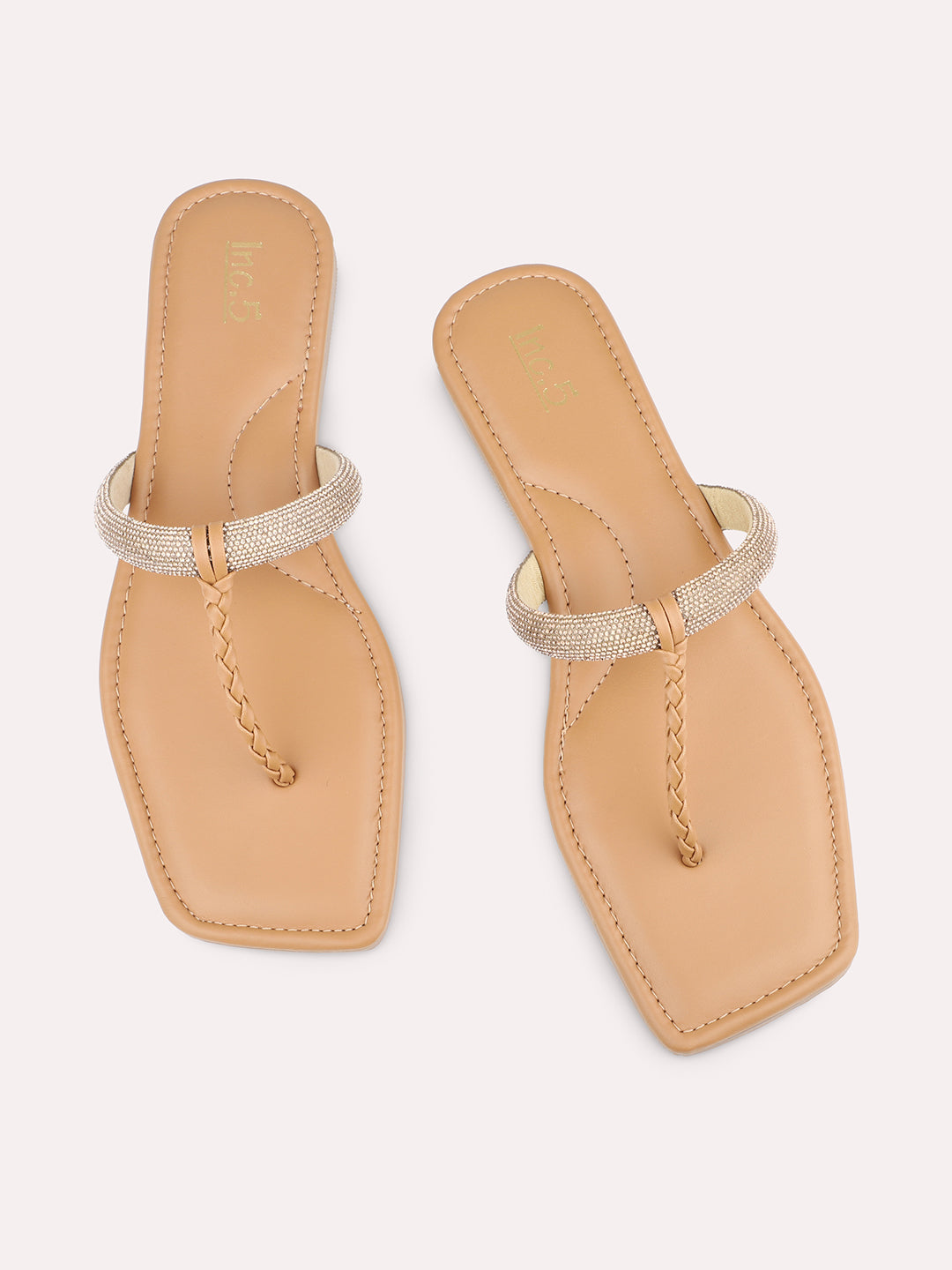 Women Beige Textured Embellished Open Toe flats