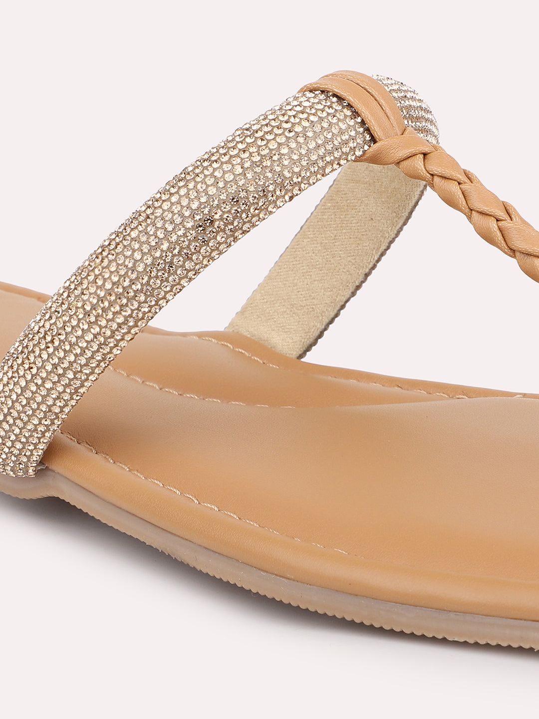 Women Beige Textured Embellished Open Toe flats