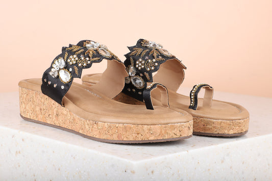 Women Black Ethnic Embellished One Toe Wedges