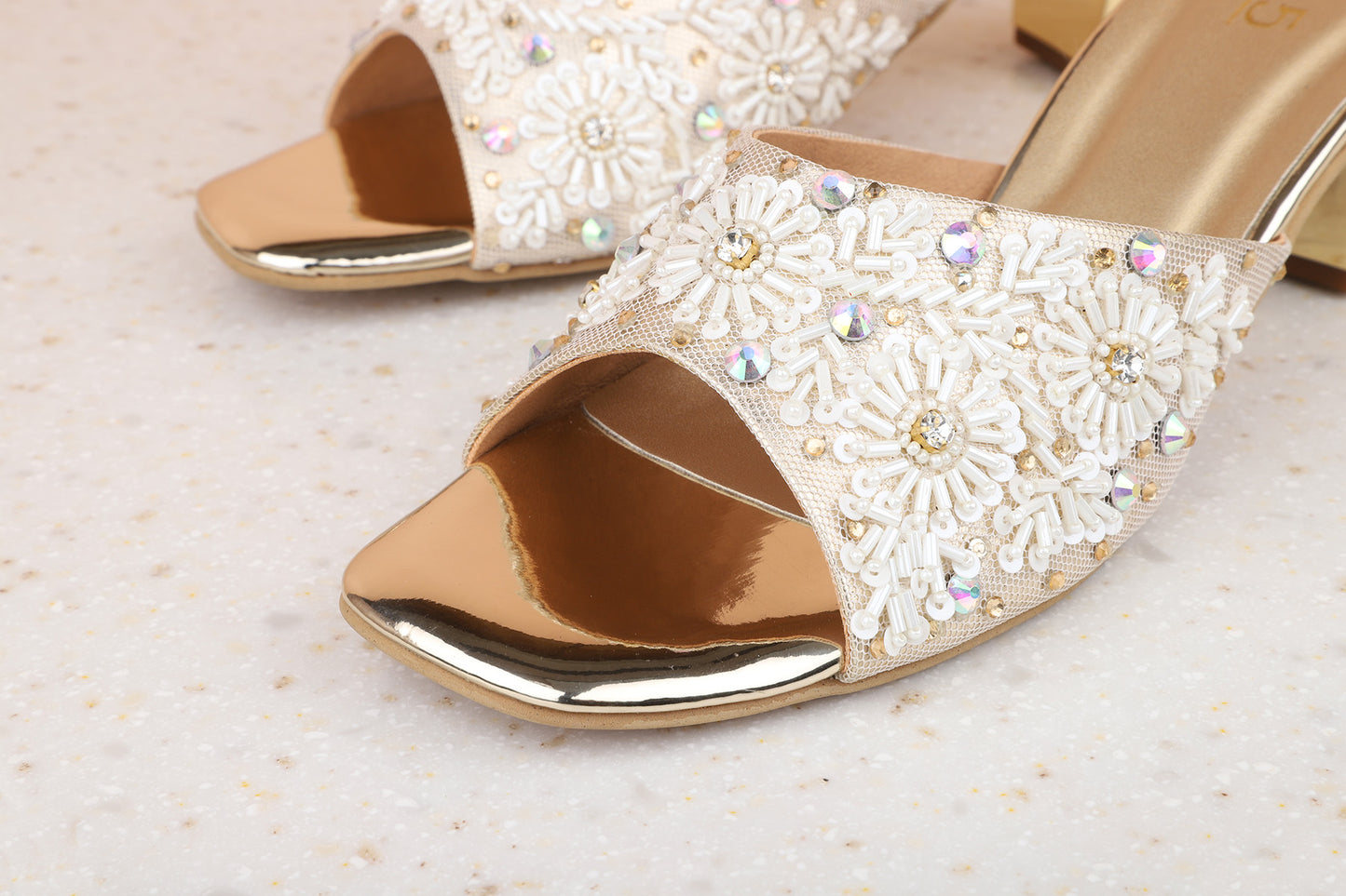 Women Gold Embellished Ethnic Block Heels