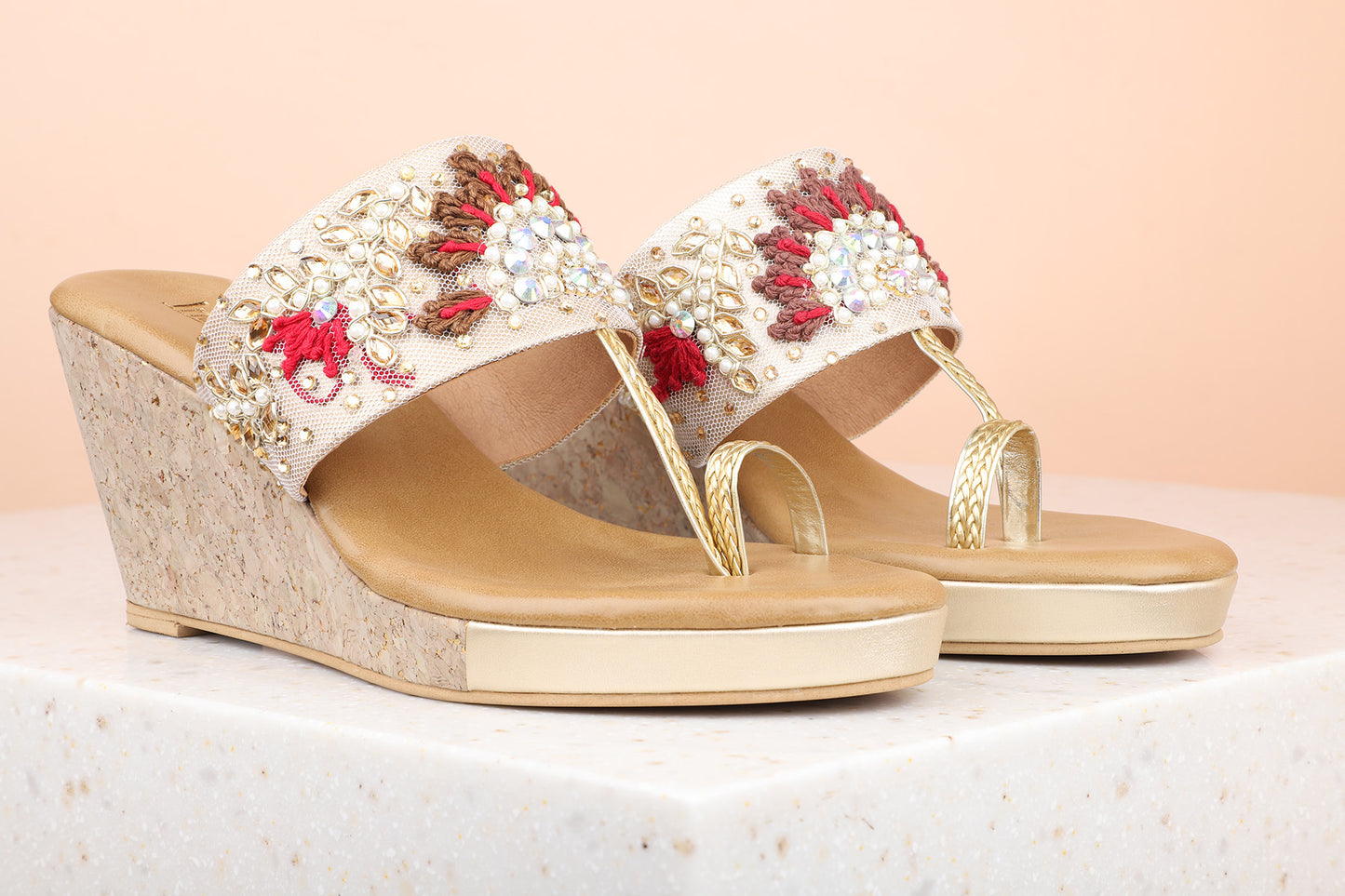 Women Gold Ethnic Embellished One Toe Wedges