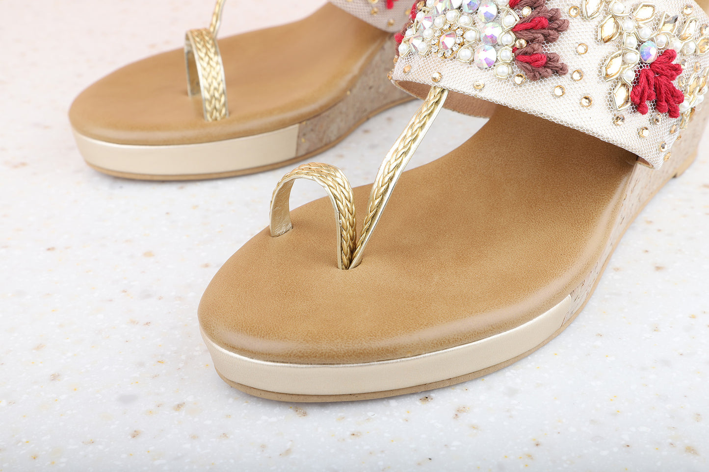 Women Gold Ethnic Embellished One Toe Wedges