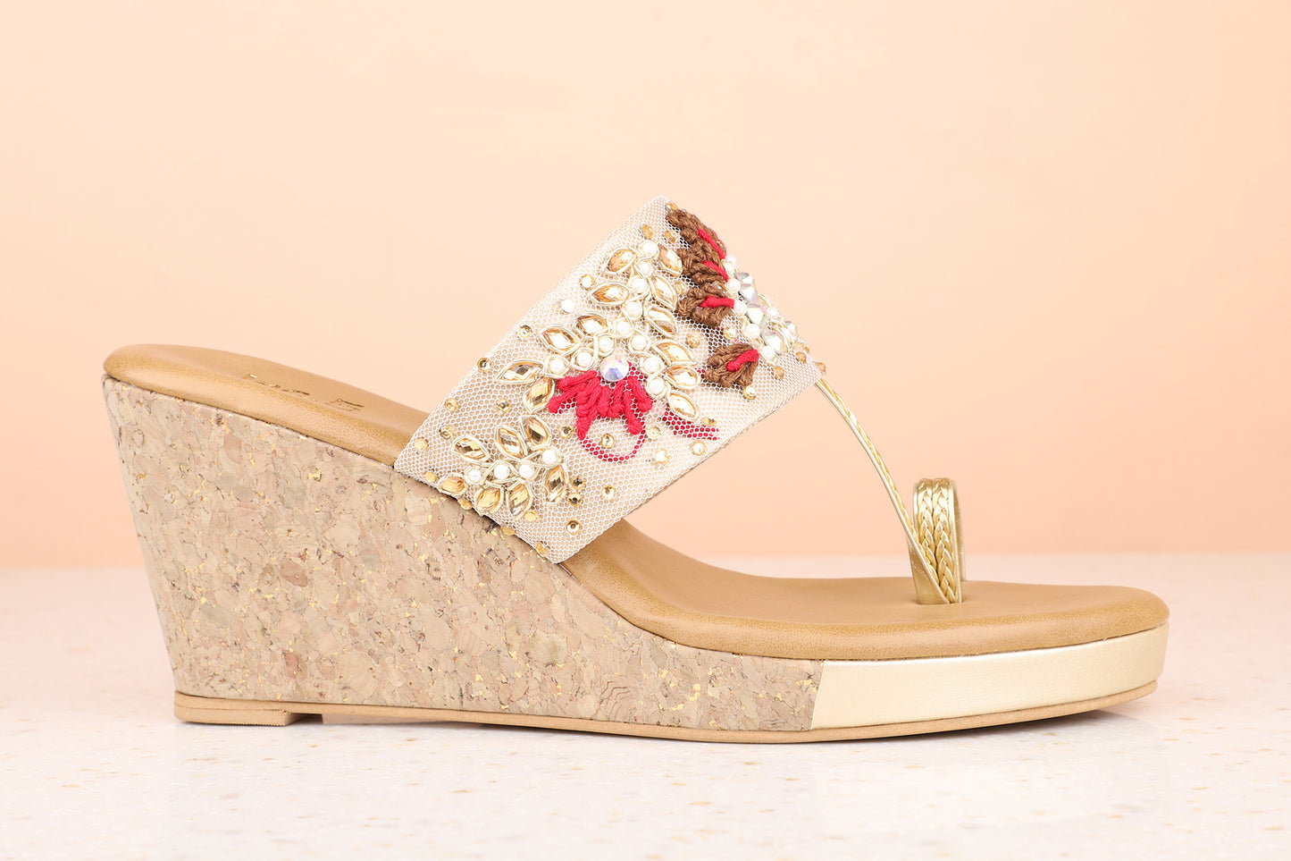 Women Gold Ethnic Embellished One Toe Wedges