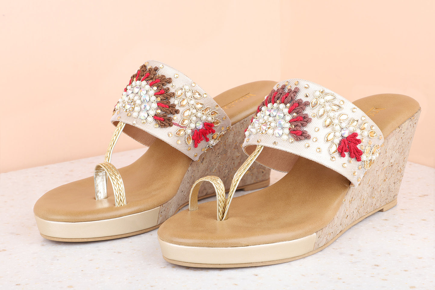 Women Gold Ethnic Embellished One Toe Wedges