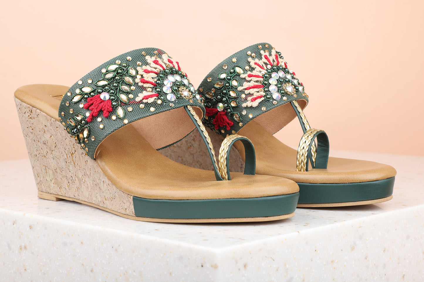 Women Green Ethnic Embellished One Toe Wedges