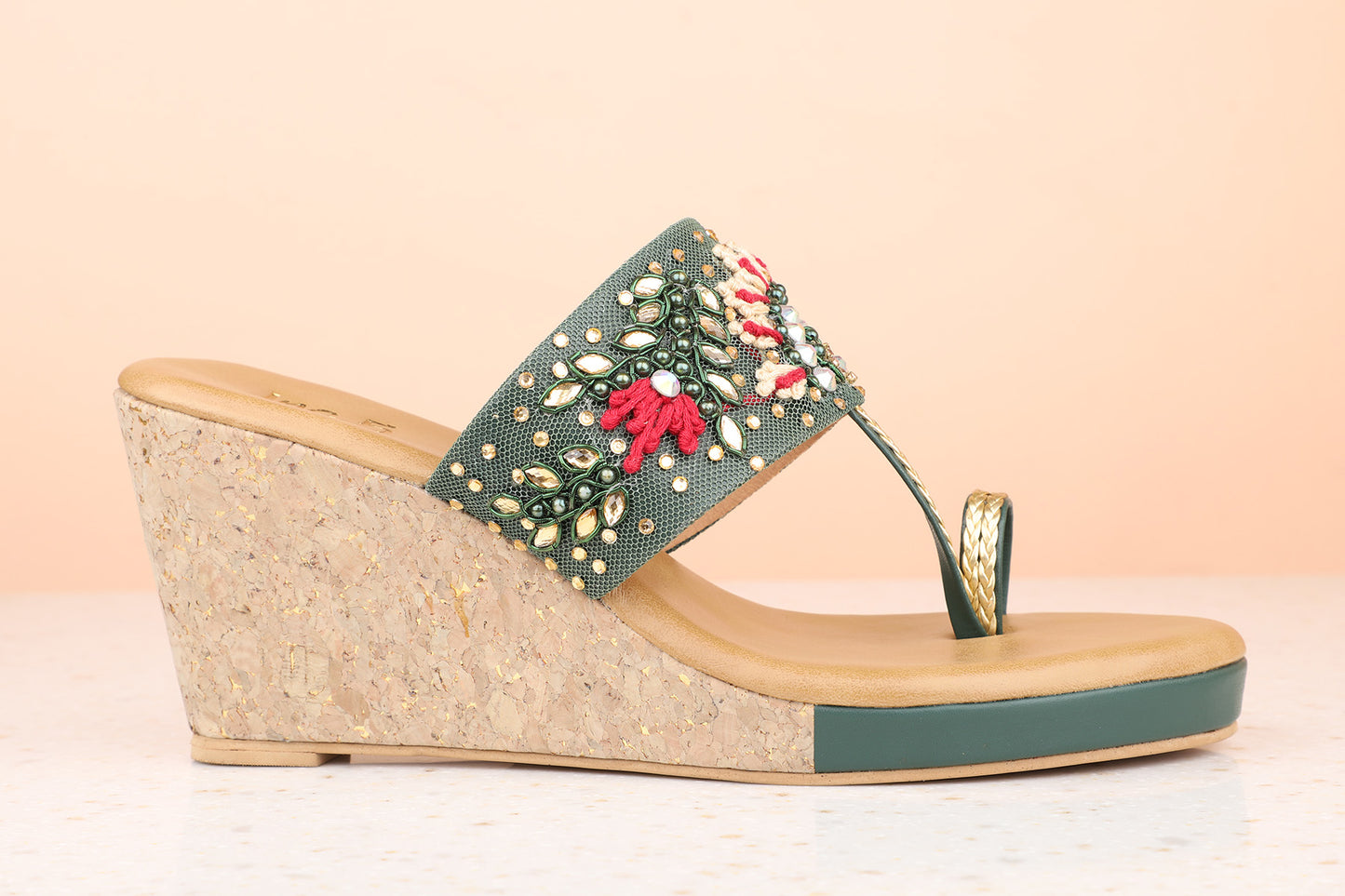 Women Green Ethnic Embellished One Toe Wedges