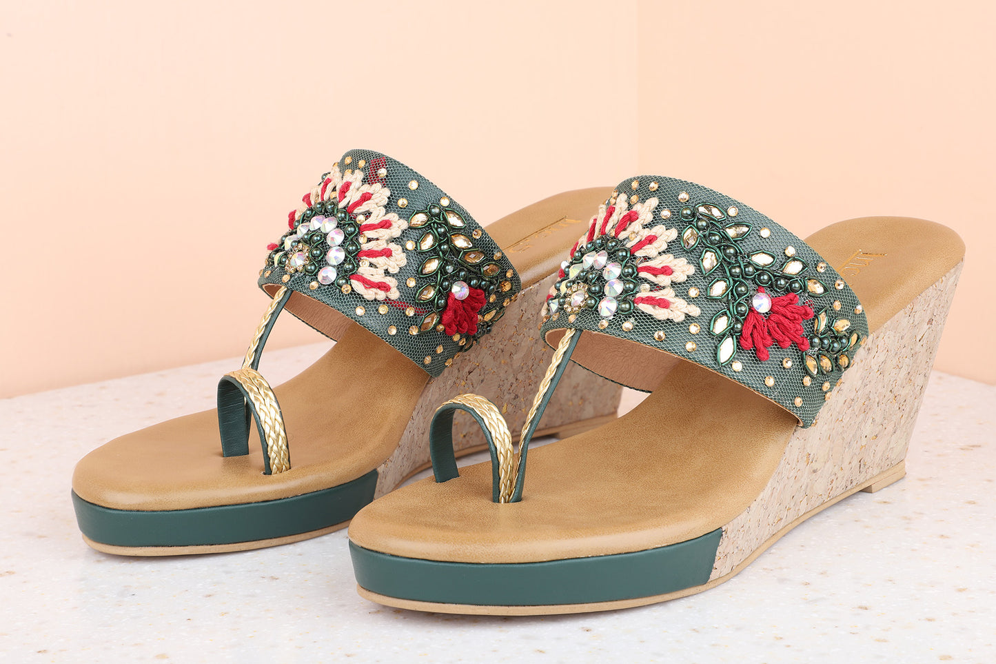 Women Green Ethnic Embellished One Toe Wedges