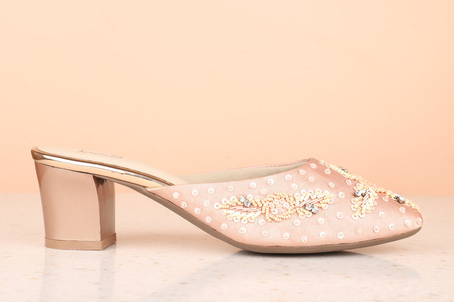 Women Rose Gold Ethnic Block Mules