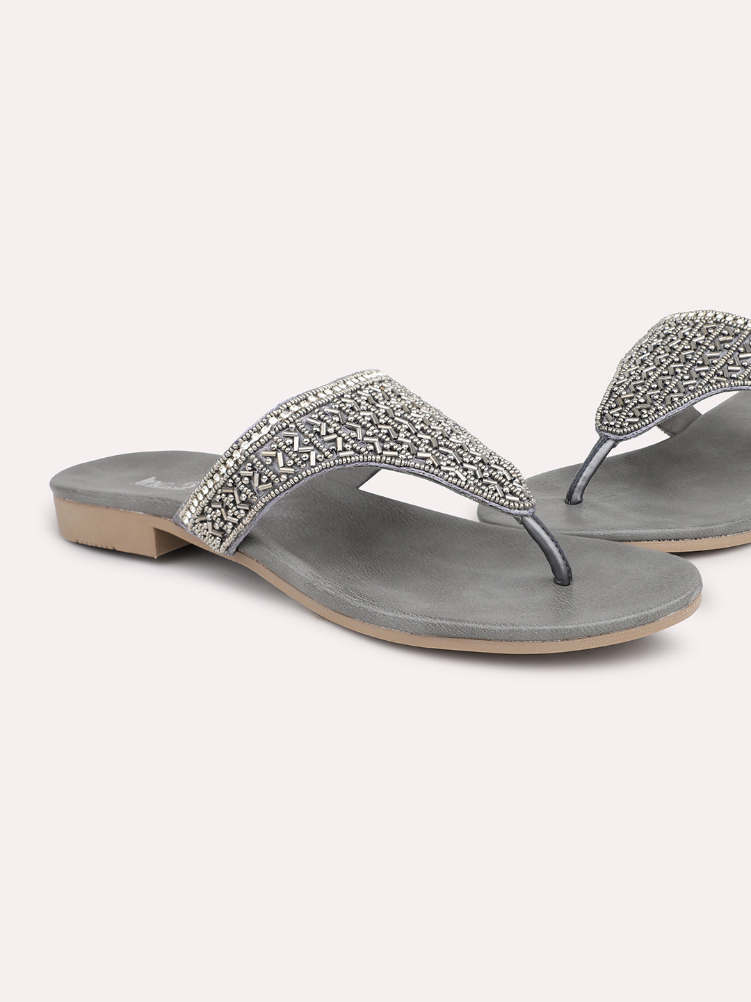 Women Pewter Embellished Ethnic Open Toe Flats