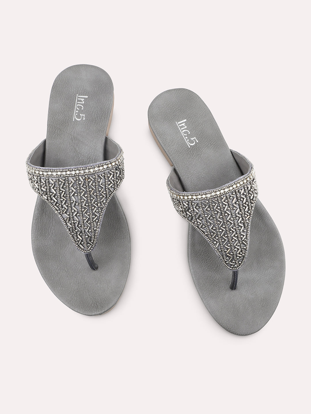 Women Pewter Embellished Ethnic Open Toe Flats