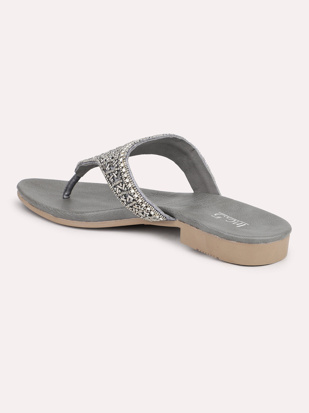 Women Pewter Embellished Ethnic Open Toe Flats