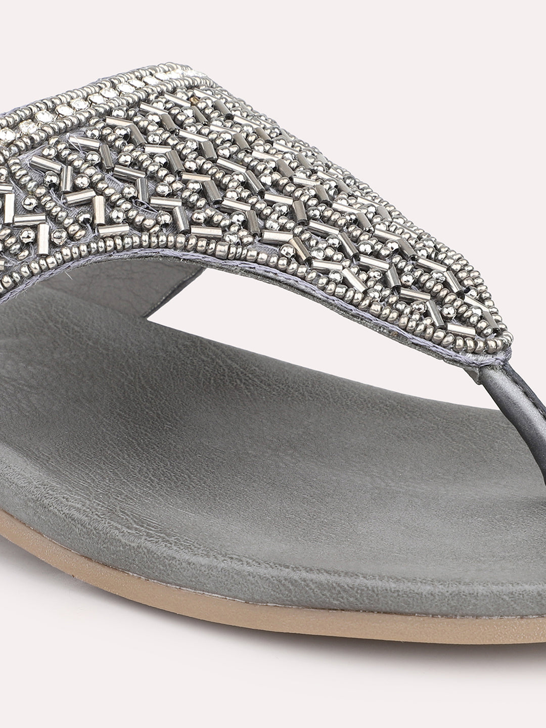 Women Pewter Embellished Ethnic Open Toe Flats