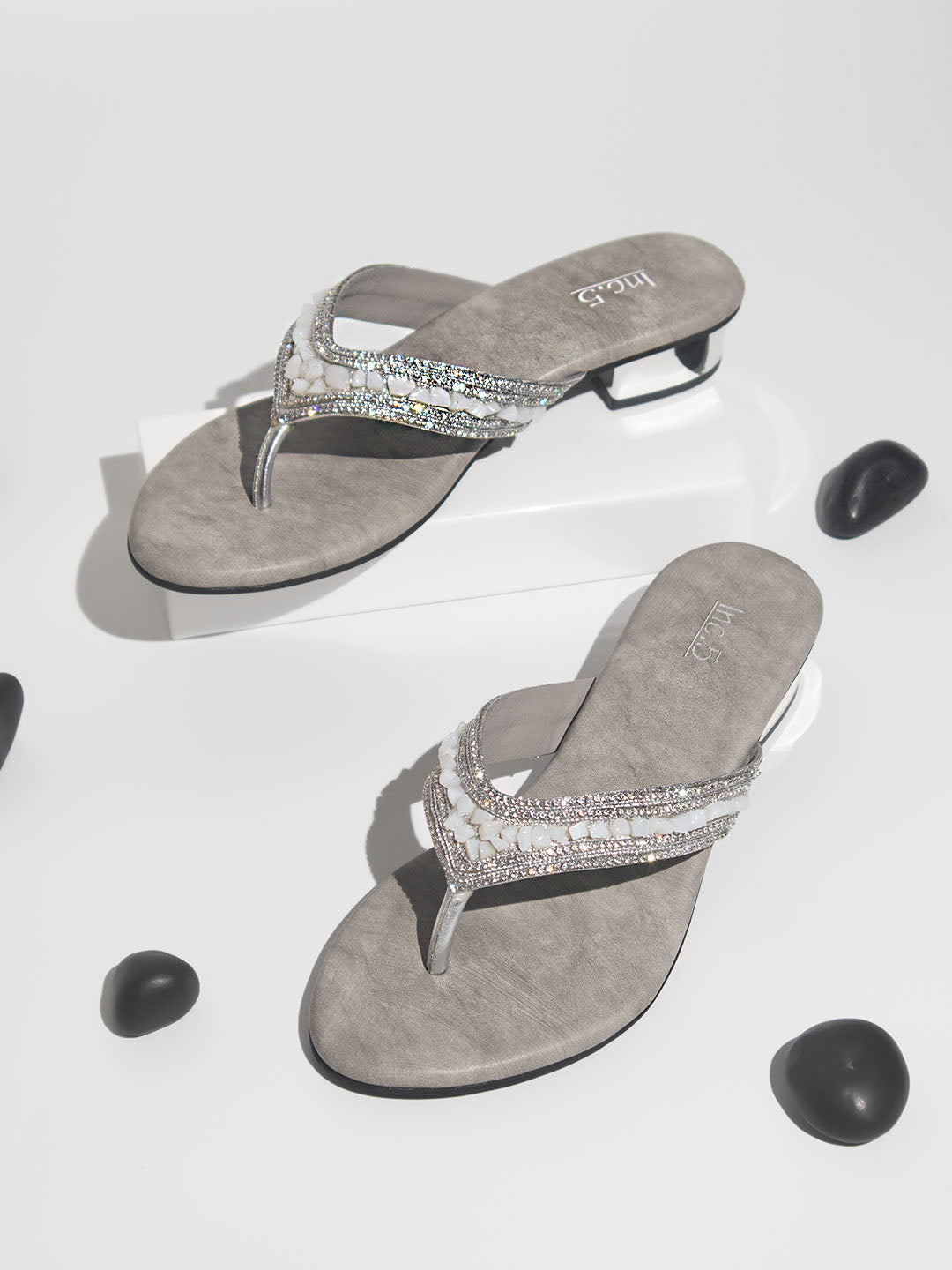 Women Silver Embellished Block Sandals