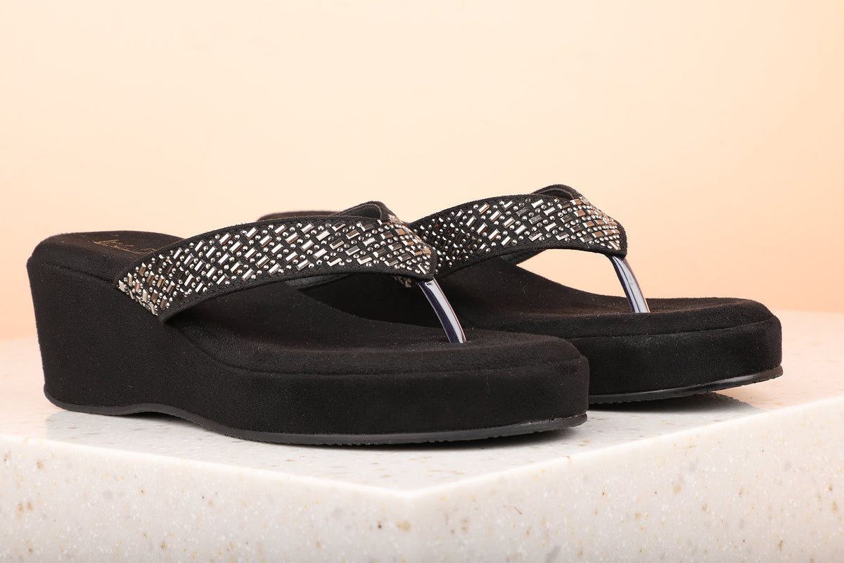 Women Black Embellished Wedge Heel