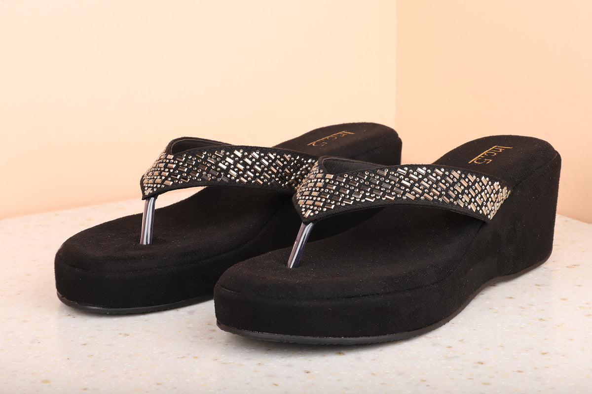 Women Black Embellished Wedge Heel