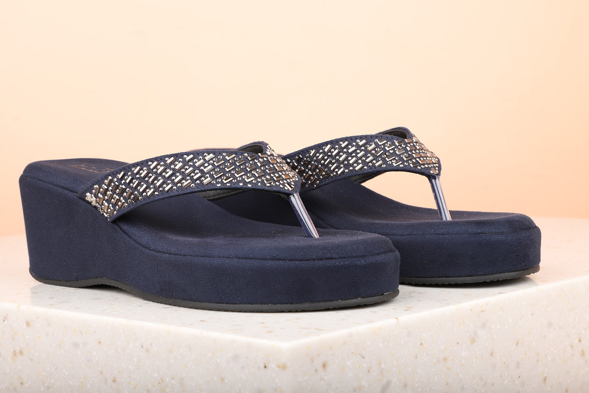 Women Navy Embellished Wedge Heel