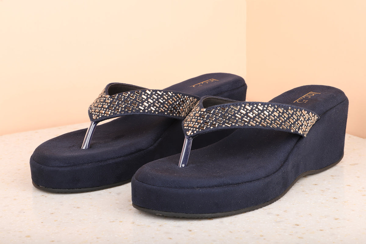 Women Navy Embellished Wedge Heel
