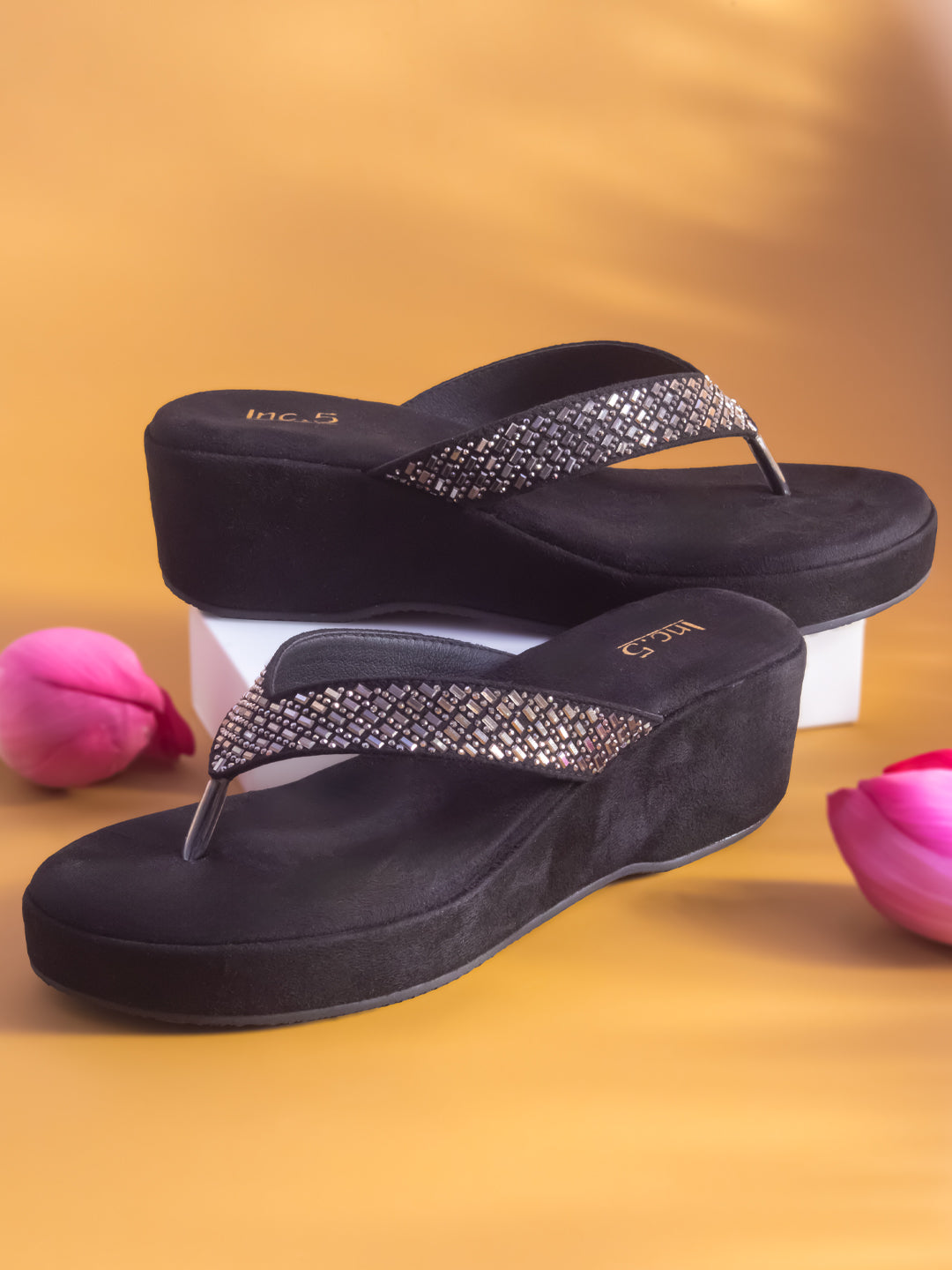Women Black Embellished Wedge Heel