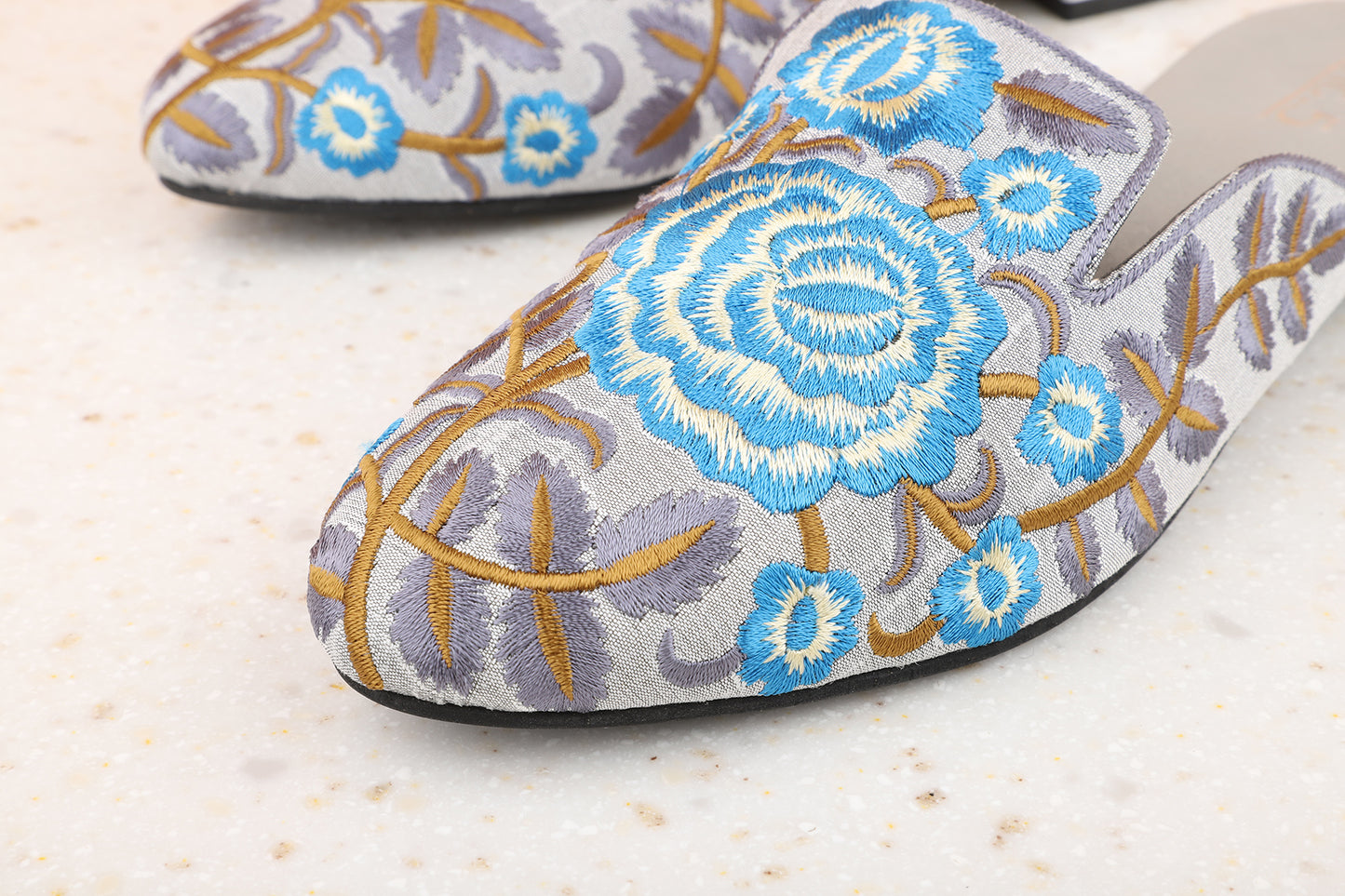 Women Grey Embroidered Ethnic Mules