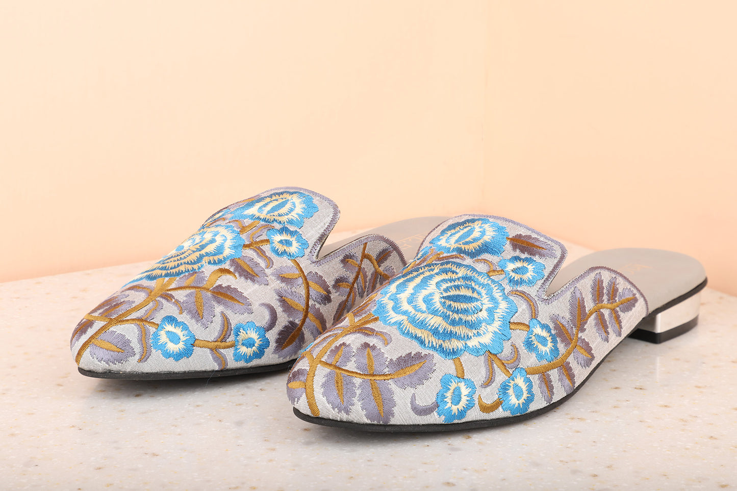 Women Grey Embroidered Ethnic Mules