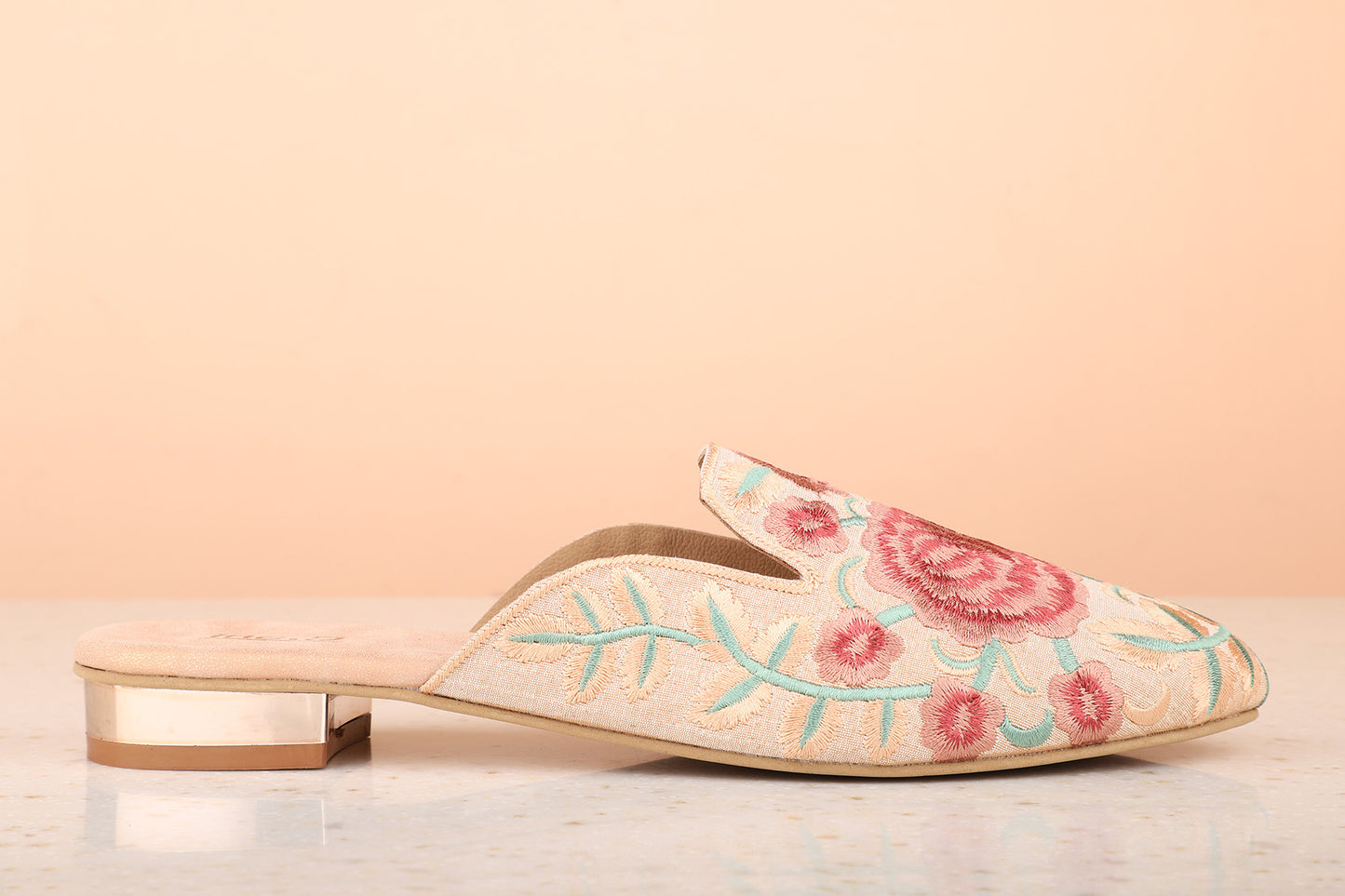 Women Peach Embroidered Ethnic Mules